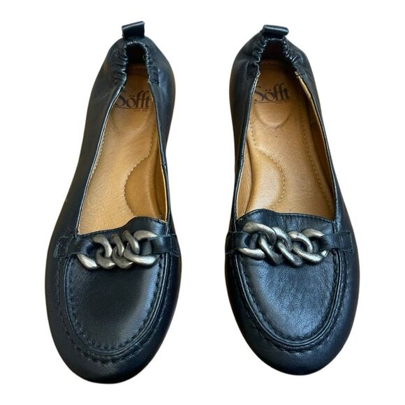 New Sofft Kadyn Black Leather Loafers Silver Chain Size 9 Classic Preppy Office - Picture 7 of 8